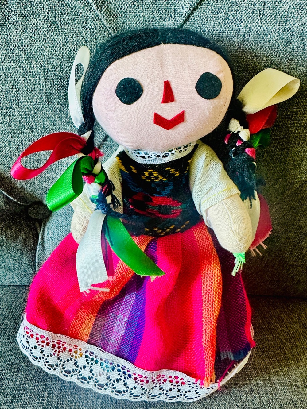 Handmade Mexican Maria Lele Rag Doll 8" Traditional Dress & Colorful Ribbons